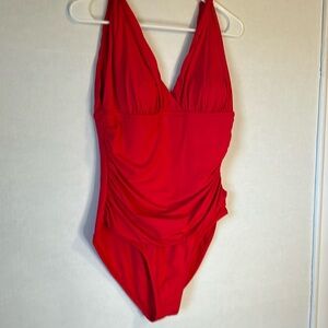 Liz Claiborne 1 Piece Tummy Ruching Slimming Red Swimsuit. Size 12